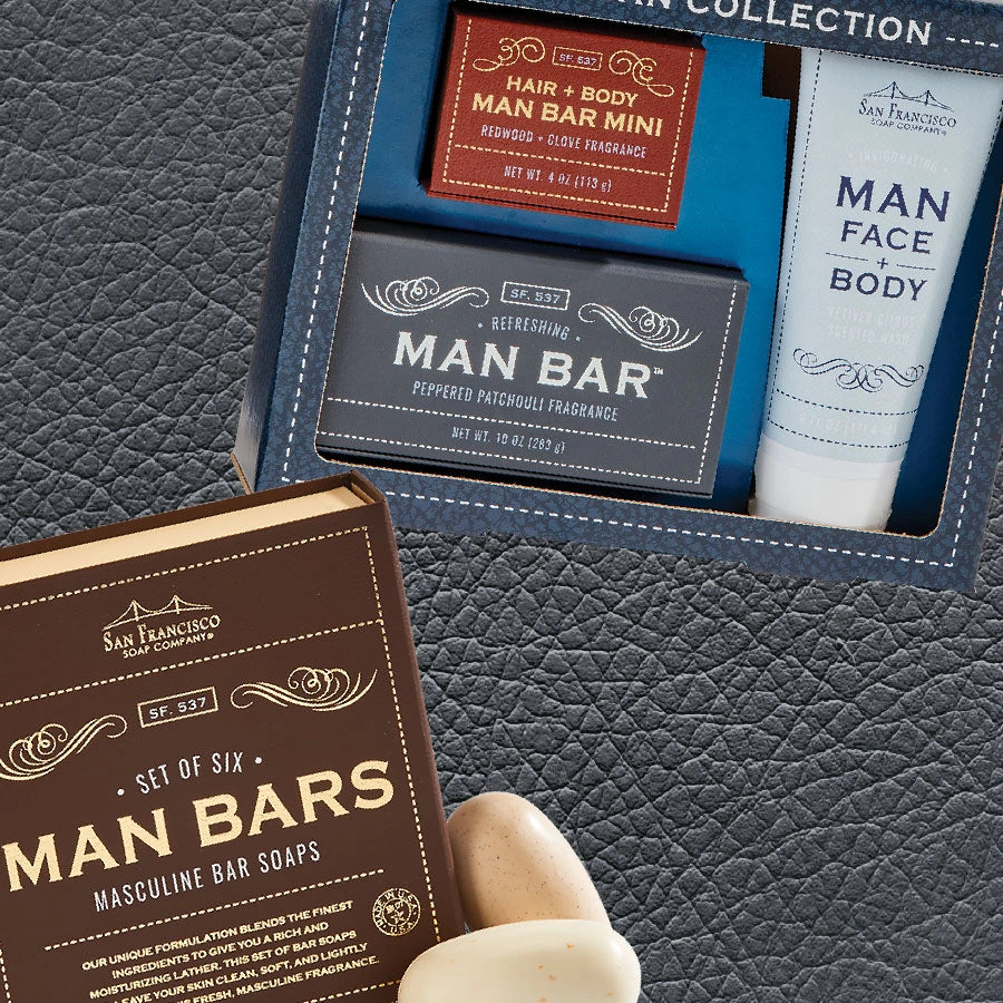 Various Man Bar sets on leather background
