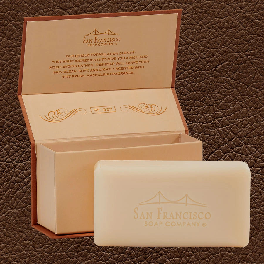 Man Bar soap with box on leather background