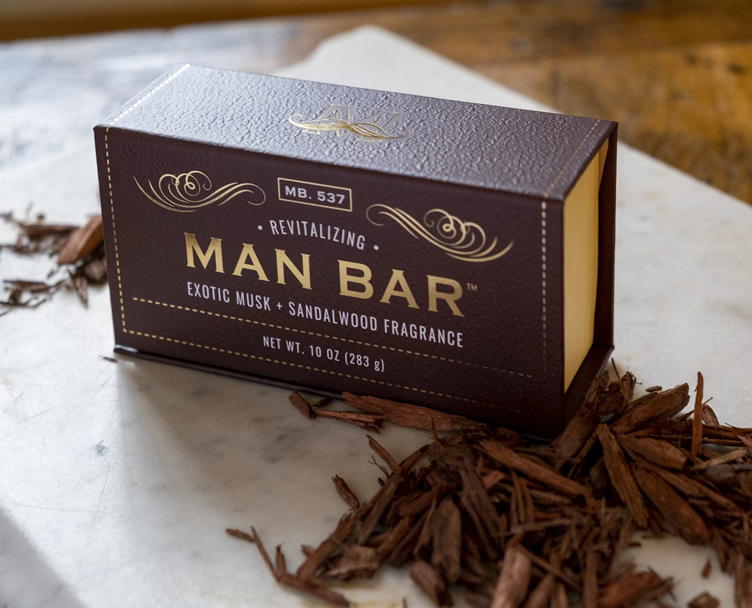 Man Bar Exotic Musk & Sandalwood box with pieces of Sandalwood
