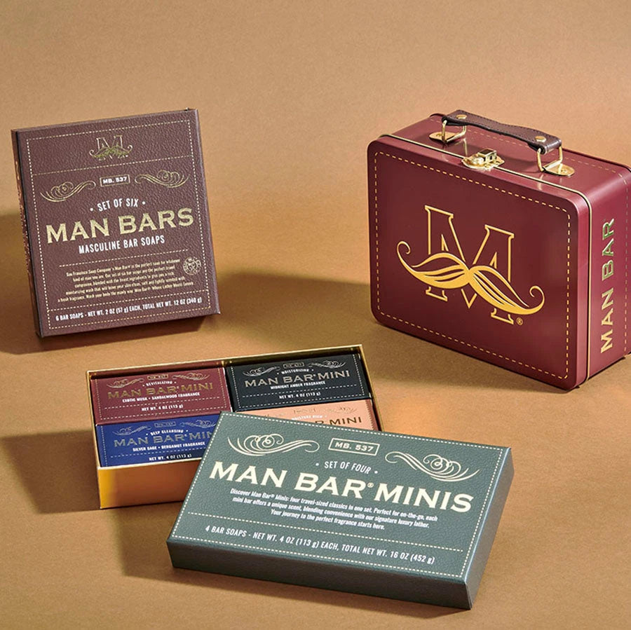 Various Man Bar sets on leather background