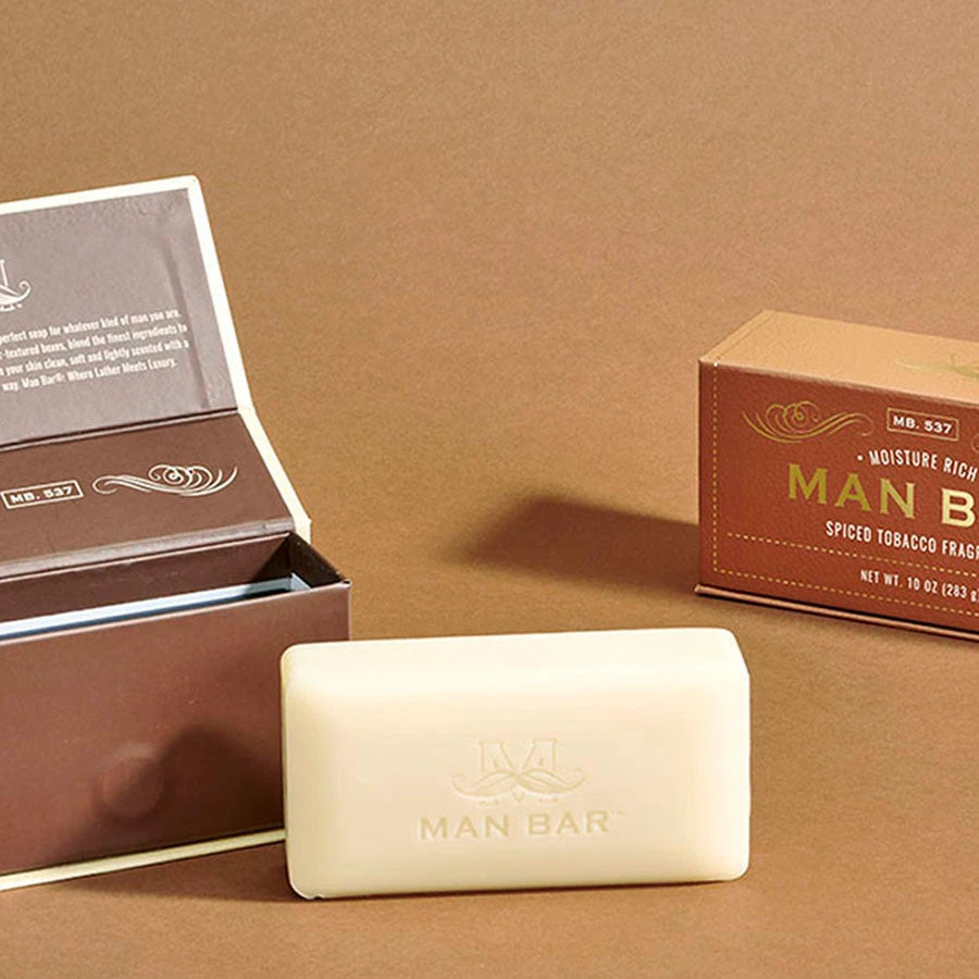 Man Bar soap with box on leather background