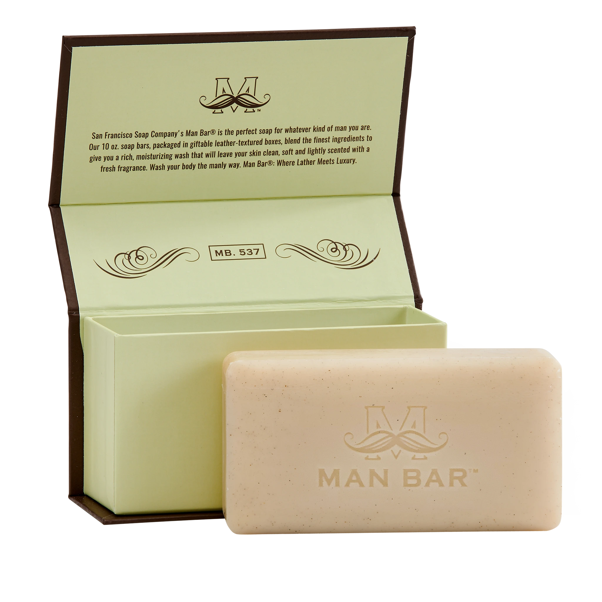 Man Bar Exfoliating Cardamom & Juniper, open view of box