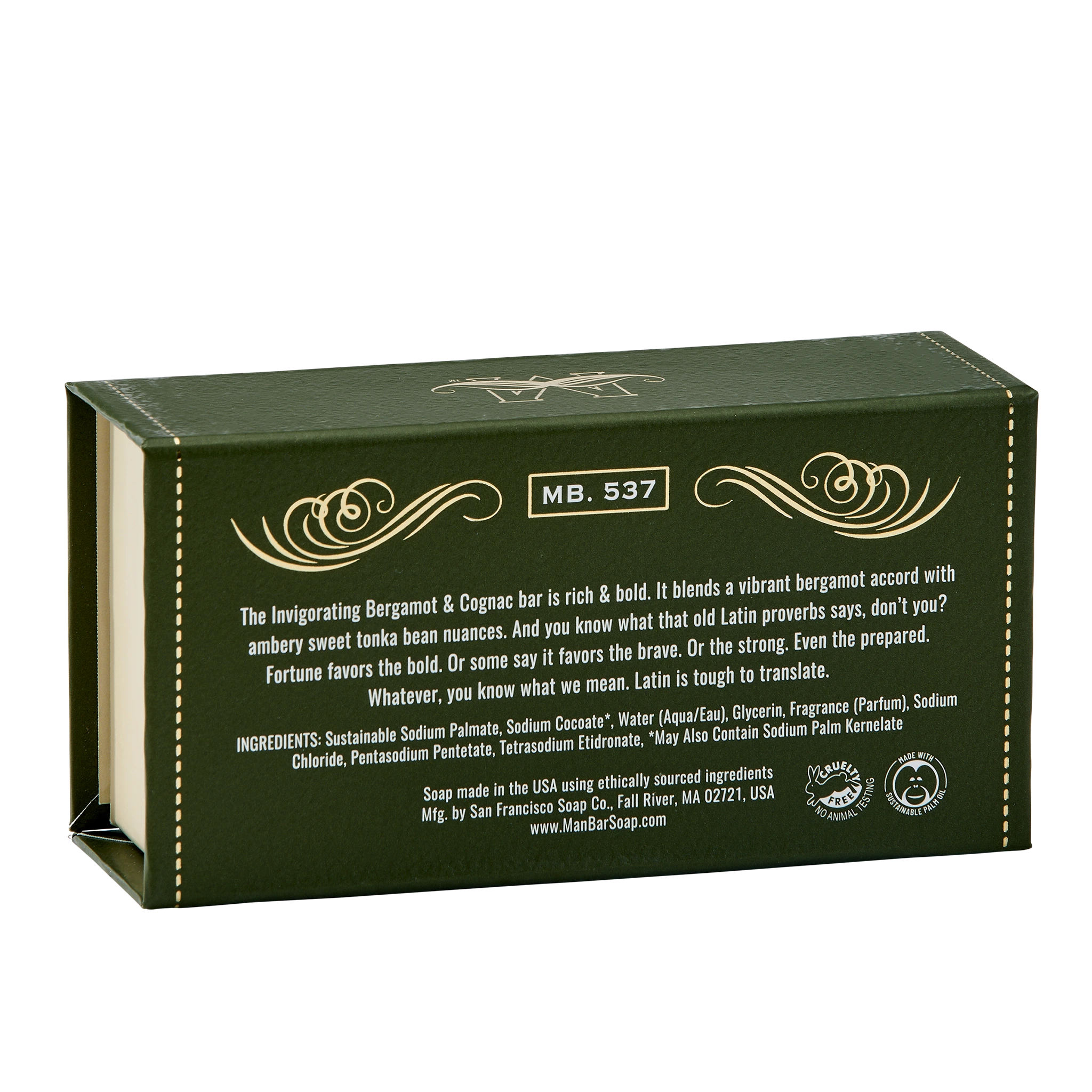 Man Bar Invigorating Bergamot Cognac, back side of box