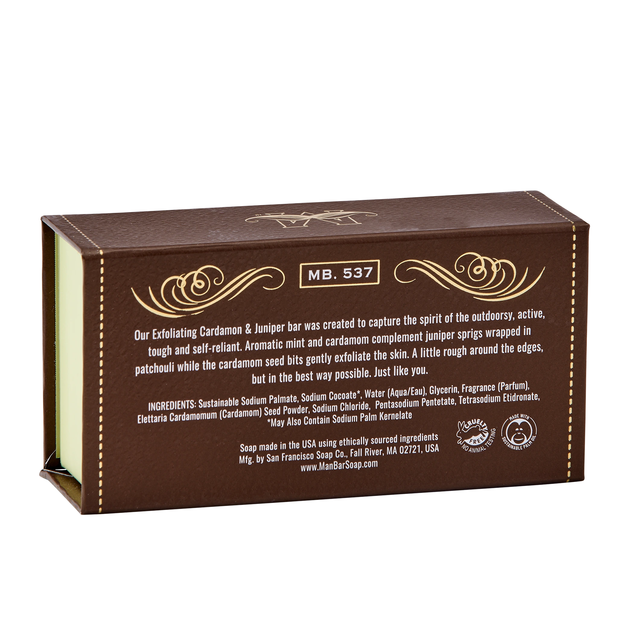 Man Bar Exfoliating Cardamom & Juniper, back side of box