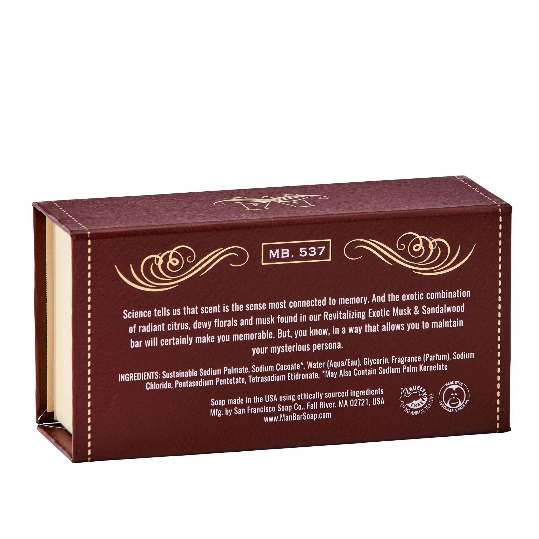 Man Bar Revitalizing Exotic Musk & Sandalwood, back side of box