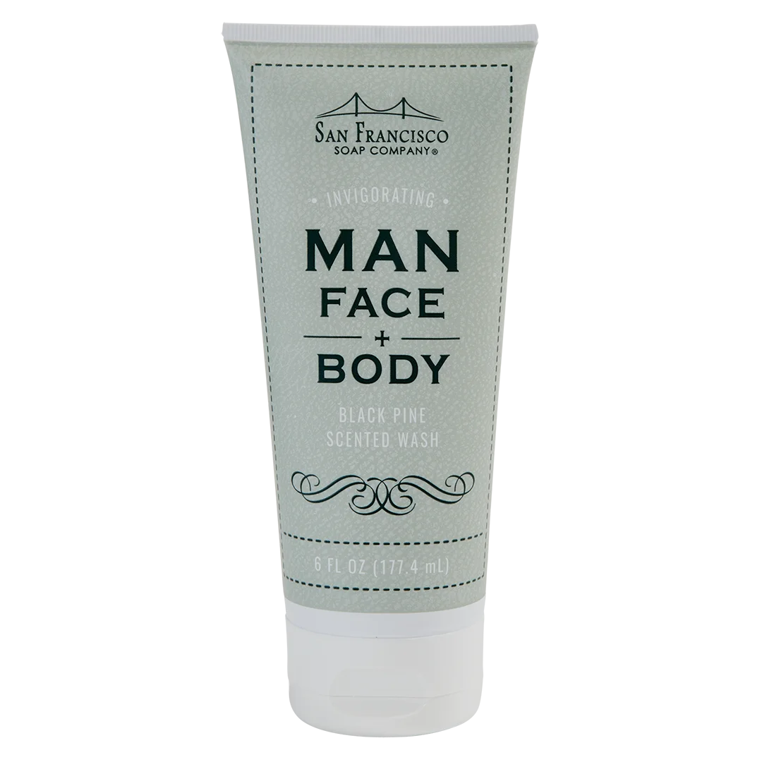 Man Bar Face & Body Wash, Black Pine, front side of tube