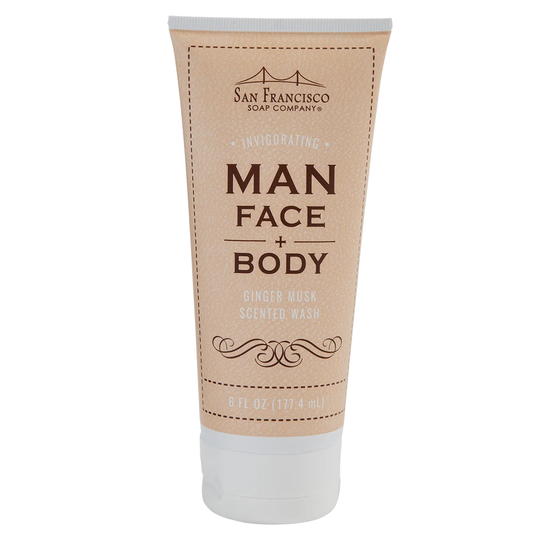Man Bar Face & Body Wash, Ginger Musk, front side of tube