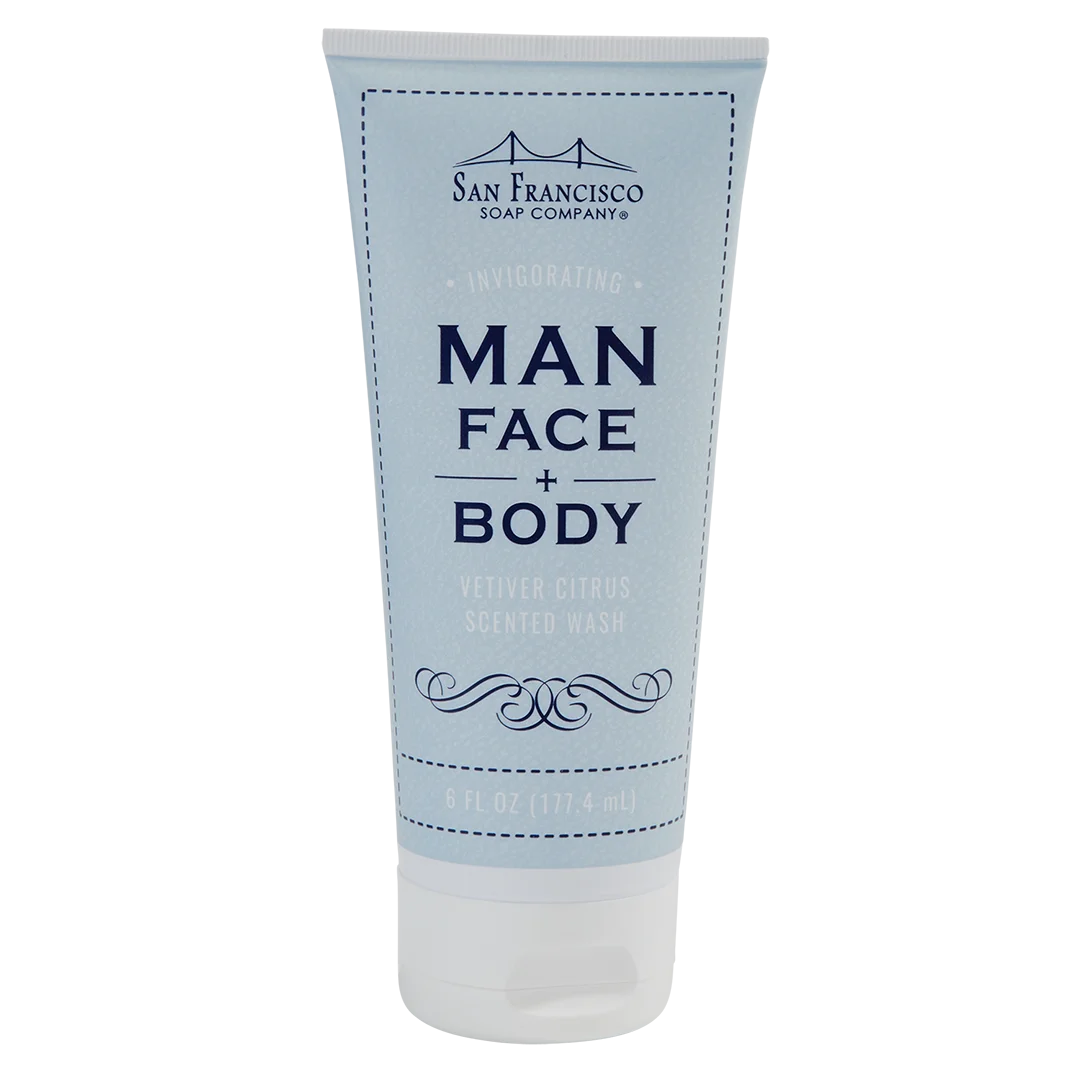 Man Bar Face & Body Wash, Vetiver Citrus, front side of tube